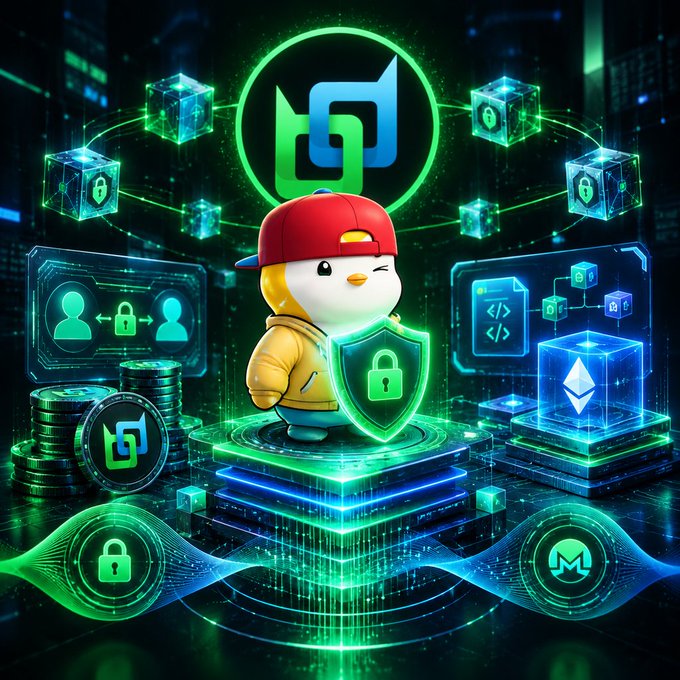 Digital artwork features a penguin character in a red cap and yellow hoodie holding a green security shield, surrounded by blockchain/crypto symbols and lock icons.