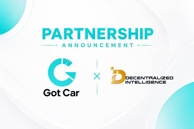 A partnership announcement graphic featuring the Got Car logo and Decentralized Intelligence branding, with the text "PARTNERSHIP ANNOUNCEMENT" displayed in teal at the top, illustrating the collaboration between the two companies mentioned in the post.