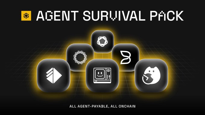 The image features an advertisement for Agent Survival Pack, which includes five different icons representing various aspects of the game or its content. These icons are arranged in a row against a black background with yellow lines running through them. The text "Agent survival pack" is displayed at the top of the image, and it also mentions that all agents can payable, all chains are onchainable, and there's an agent who depends on AWS for its operation.