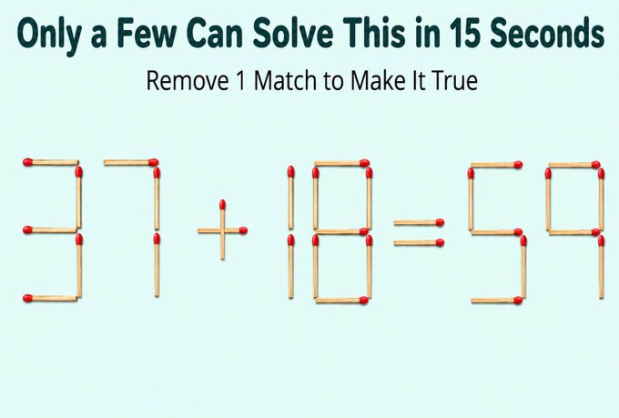 A puzzle image titled 'Only a Few Can Solve This in 15 Seconds' instructing to 'Remove 1 Match to Make It True', displaying the equation '37+18=59' made of matchsticks.