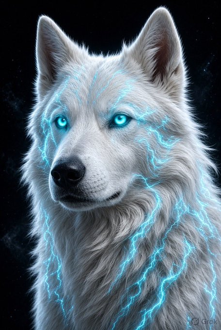 A digital artwork of a majestic white wolf with glowing blue eyes, adorned with glowing blue lightning-like veins running through its fur against a dark, starry background.