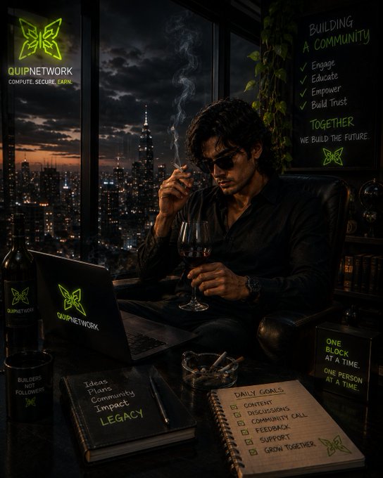 A promotional image for 'QUIPNETWORK' (COMPUTE. SECURE. EARN.) featuring a man in sunglasses smoking a cigar while holding a wine glass, with a laptop, notebooks, and a chalkboard listing 'BUILDING A COMMUNITY: Engage, Educate, Empower, Build Trust.'