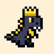 A pixel art sprite of a small blue and yellow dragon-like creature against a beige background.