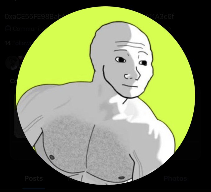 A circular profile picture on a social media interface showing a gray, muscular, bald Wojak-style figure with a smirk against a bright green background.