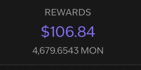 The main focus of the post is a promotional photo or snapshot that shows a screenshot from an app displaying a reward, $106.84, after completing certain tasks. The image has been captioned with a message stating that being a stakeholder means receiving rewards in return for certain activities or purchases made on this app's platform. It also includes the terms "monad", which refers to a stakeholder's role within a company and "@gmonads" meant as a hashtag, suggesting the post may be related to an online community of users who have contributed or interacted with the app in some way.