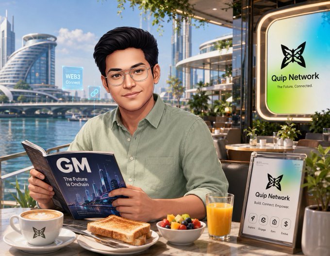 A 3D-rendered illustration of a young man in glasses reading a magazine titled 'GM The Future Is Onchain' at a cafe, with 'Quip Network' branding visible on a sign and table placard.
