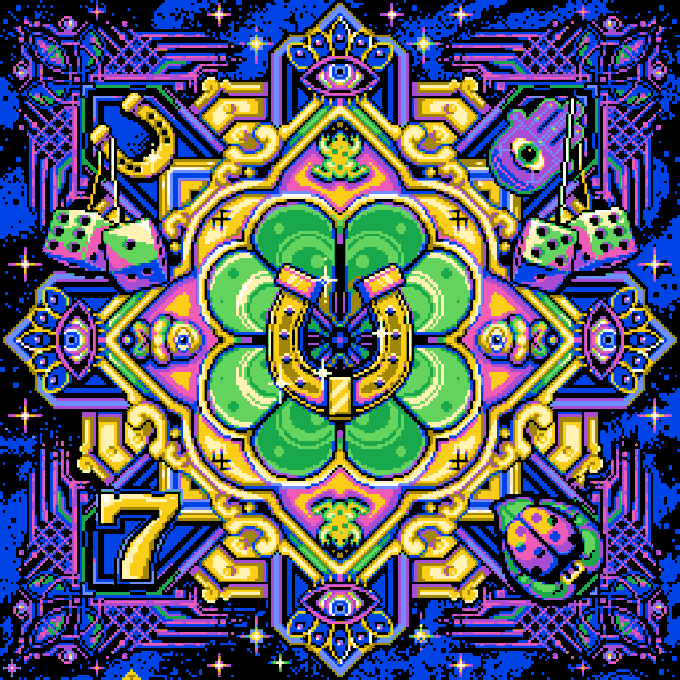 A symmetrical, ornate pixel art design resembling a tarot card or mandala, featuring a central green four-leaf clover with a golden horseshoe, surrounded by dice, a horseshoe, and the number "7" on a blue and purple background.