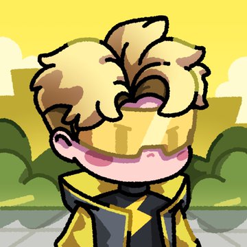 Chibi-style cartoon illustration of a blonde character wearing a black and gold outfit with a star design, covering their face with their hand.