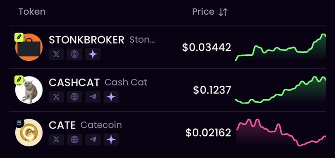 A dark-themed crypto price tracker displays three tokens—STONKBROKER ($0.03442), CASHCAT ($0.1237), and CATE/Catecoin ($0.02162)—with upward-trending line graphs that align with the post's promotion of these coins as "generational wealth" opportunities.
