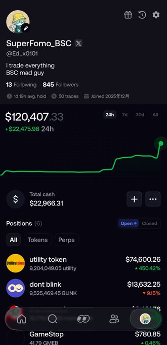 A trading profile on X for "SuperFomo_BSC" shows a portfolio balance of $120,407.33 with a 24-hour gain of $22,475.98, holding positions in tokens like "utility" and "dont blink." The post caption promotes BSC trading opportunities, claiming significant gains can be made with small investments in just days.