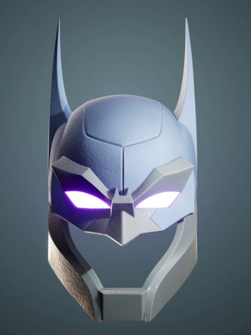 A 3D render of a sleek silver bat-themed helmet or mask with tall pointed ears and glowing purple eyes against a gray background.
