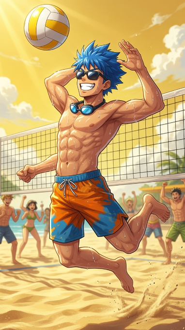 An anime-style illustration depicts a muscular blue-haired male character wearing sunglasses and orange floral swim trunks playing volleyball on a beach, with spectators and a net in the background.