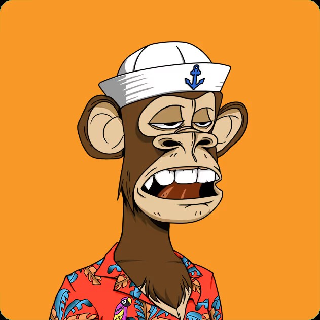 A cartoon illustration of a brown monkey wearing a white sailor hat with a blue anchor and a red Hawaiian shirt with floral and dinosaur patterns, against an orange background.