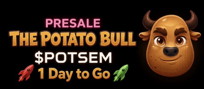 A promotional banner for a crypto presale featuring a cartoon potato bull character, advertising "$POTSEM" token with "1 Day to Go" countdown, accented by rocket emojis on a black background. The post invites users to share their Solana wallet addresses to join the upcoming "Potato Season" launch.