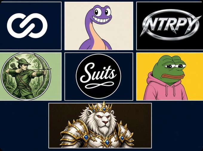 A collage of seven images featuring various logos and characters including Polygon, a purple snake, Entropy, an archer, Suits, Pepe the Frog, and an armored lion.