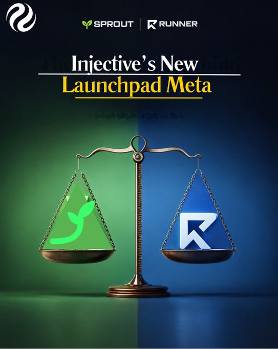 A graphic for Injective's new launchpad meta featuring a balance scale with the Sprout logo on one side and the Runner logo on the other.