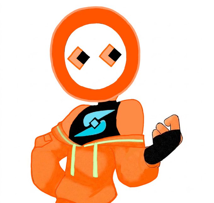 A stylized digital illustration of an orange cartoonish character with a circular head, wearing an orange hoodie and a black shirt with a blue logo.