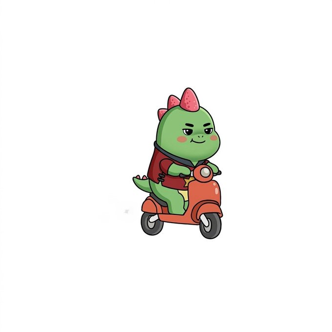 The image features a cartoon green dinosaur riding a red scooter with orange wheels. The dinosaur appears to be smiling while sitting on the scooter, giving off an impression of happiness or excitement. The background of the image is white, which makes the colors of the dinosaur and the scooter stand out more prominently.