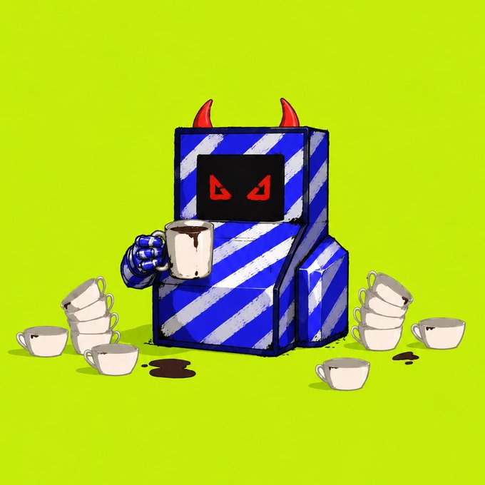 A blue striped robot with red devil horns and angry red eyes sits holding a coffee mug, surrounded by scattered empty cups and spilled coffee on a bright green background—visually echoing the post's "locked in" caffeine-fueled intensity.