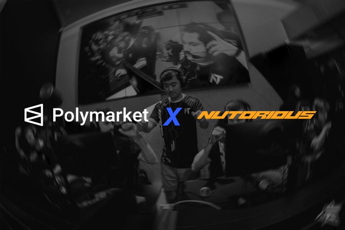The image shows a dark, fisheye-lens photograph of a person at what appears to be a gaming or esports event, overlaid with logos reading "Polymarket," a blue "X," and "NUTORIOUS." The visual promotes a partnership or sponsorship announcement involving Polymarket and the esports/gaming scene, which aligns with the post's enthusiasm about Polymarket supporting South African ("SA") camps and teams similar to their efforts in North America ("NA").