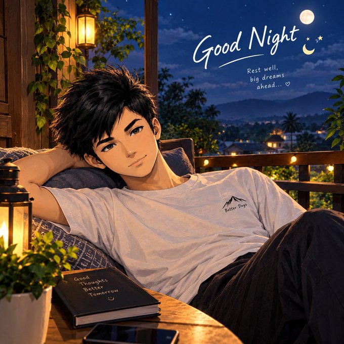An anime-style illustration of a young man relaxing on a balcony at night, with the text 'Good Night' and 'Rest well, big dreams ahead...' displayed alongside a moon and stars.
