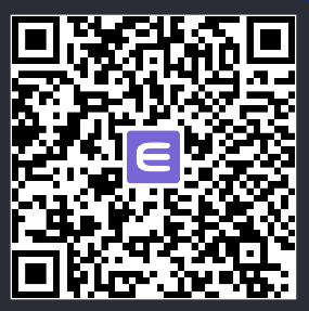 A QR code on a dark background with a purple logo featuring a stylized 'E' in the center.