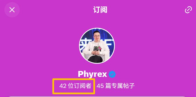 The image shows a subscription page for a user named "Phyrex" (verified) on what appears to be a Chinese social media platform, highlighting their 42 subscribers in a yellow box. This modest subscriber count contrasts humorously with the post's grand aspiration of becoming the most-subscribed blogger in the Chinese virtual currency space.