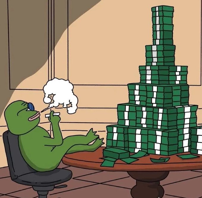 The "Stonks" meme frog sits relaxed in an office chair, smoking a cigar in front of a massive pyramid of cash bundles stacked on a desk. The image humorously conveys the post's bullish sentiment, suggesting the frog is already rich and confident that crypto will skyrocket during the 3-day weekend.