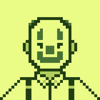 A pixel art illustration of a smiling bald man with large ears wearing a bow tie on a pale yellow-green background.