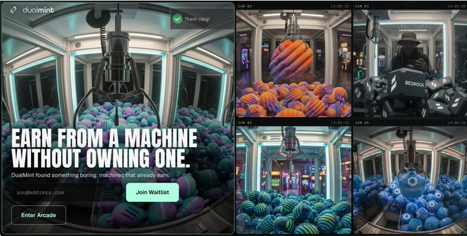 An advertisement for DualMint with the headline 'EARN FROM A MACHINE WITHOUT OWNING ONE' alongside surveillance camera views of claw machines filled with colorful eggs.