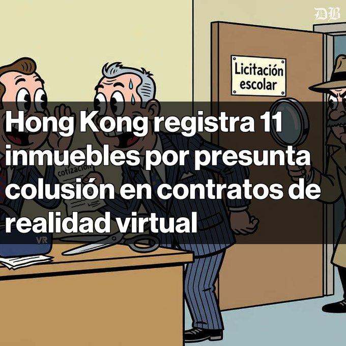 A cartoon-style illustration with Spanish text overlay reading: 'Hong Kong registra 11 inmuebles por presunta colusión en contratos de realidad virtual' (Hong Kong registers 11 properties for alleged collusion in virtual reality contracts), showing characters labeled 'cotización' and 'VR' near a door marked 'Licitación escolar'.