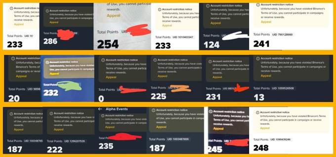 A screenshot collage displaying numerous Binance account restriction notices, each citing "Unfort