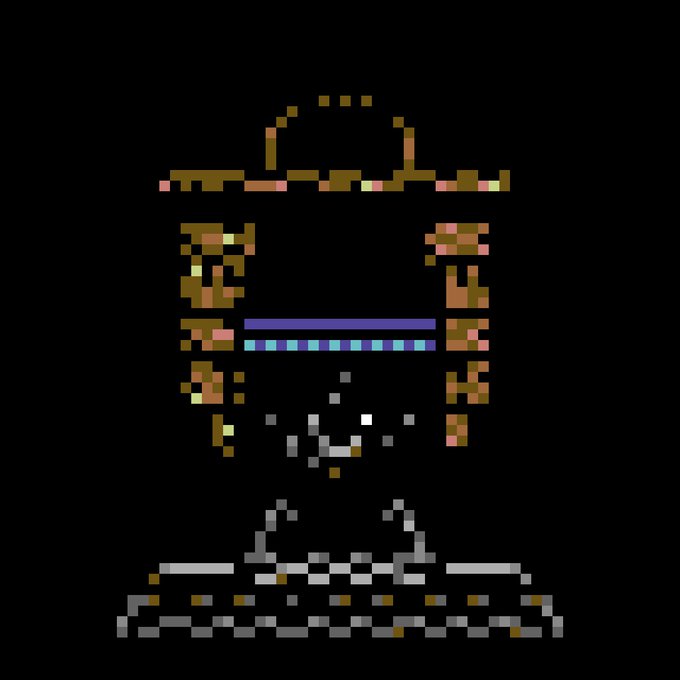 A pixelated graphic on a black background depicts a robot-like figure with a long curved head and segmented body standing above some scattered debris.