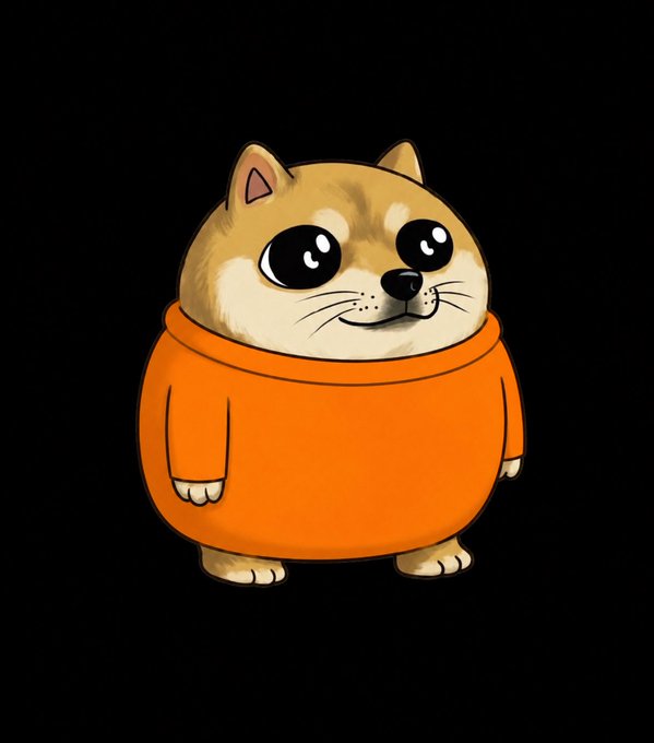 A simple digital illustration shows a round, cute Shiba Inu dog wearing an oversized orange sweater against a black background, with large expressive eyes.