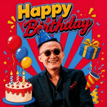 The image is a festive birthday graphic featuring Justin Sun wearing a blue party hat and sunglasses, smiling amid vibrant birthday decorations including balloons, a cake with candles, confetti, and a gift box, with "Happy Birthday" displayed prominently. The post celebrates Justin Sun's birthday on July 30 with a 730 USDT giveaway for fans submitting flattering photos of him, making the cheerful illustration a fitting visual tribute to the TRON founder's special day.
