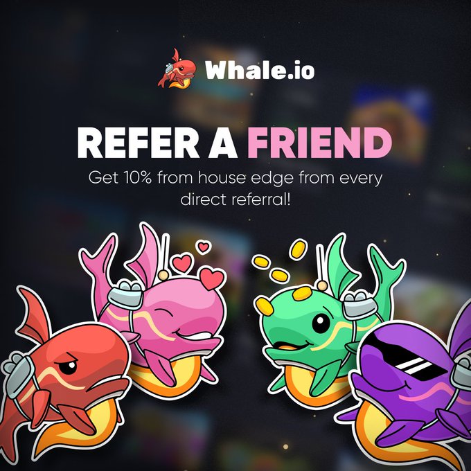 The image features a promotional advertisement for a game called "Whale" with multiple cartoon characters, including four cute purple fish and two adorable pink fish with orange accents, all dressed up and dancing next to each other against a black background. The text on the ad reads, "Refer a friend Get 10% from house edge from every direct reference!", indicating that customers who refer their friends will receive an extra 10% of their original contribution as a reward for spreading the word about the game.