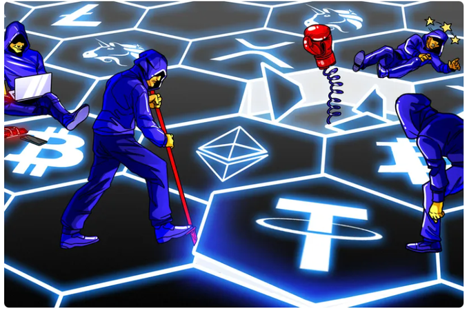 The image depicts hooded figures, some resembling hackers with tools like a laptop and a boxing glove on a spring, working on a glowing hexagonal grid featuring cryptocurrency logos including Bitcoin (₿), Ethereum (Ξ), Litecoin (Ł), and Tether (₮). This illustrates the Vietnamese post's analogy about DeFi swaps being like taking a car trip where the router takes a "shortcut" through low-liquidity pools, resulting in a Titan Builder sandwich attack that drained $1.8M from the wallet, swapping $2.01M for only $14,500.