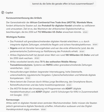 The image shows a German-language article from english.ahram.org.eg titled "Kurzzusammenfassung des Artikels" (Brief Summary of the Article), discussing the African Continental Free Trade Area (AfCFTA) and Africa's digital transformation, highlighting key statistics such as Africa possessing 600 million smartphone users, 700 million mobile money users, $180 billion in US digital investment, and $712 billion in US online trade, while referencing initiatives like AfCFTA, ADAP, and PANSS digital payment platforms.