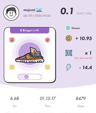 A STEPN app screenshot showing user "mojumi" at Sneaker Lv30 with 0.1 GMT/Min earnings, 6.68 km walked in 01:13:17 (8,479 steps), and stats of +10.95 GST, x1 Mystery Box, and -14.4 energy spent, illustrating one of the walking sessions referenced in the post.