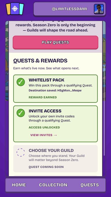 A mobile screen displays the "Quests & Rewards" section of Season Zero, showing a completed Whitelist Pack (reward earned with destination H5gMxn..Meqw) and unlocked Invite Access, with a "Choose Your Guild" quest coming soon—aligning with the post's suggestion that completing these quests may secure a presale spot.
