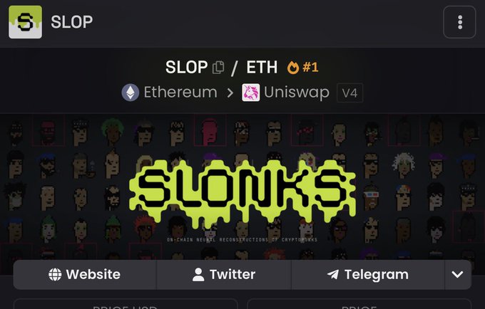 A screenshot of SLOP token's Uniswap page on Ethereum, showing it ranked #1 and featured with the green "slonks" graffiti logo, alongside contact links (Website, Twitter, Telegram). This visual corroborates the post's claim that $SLOP is the top-trending token on Ethereum amid strong trading activity.