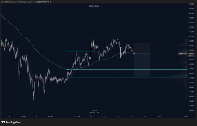 The image shows a chart of two cryptocurrency exchanges, BNB (bitcoin-based network) and BTC (bitcoin). The chart displays a blue line representing Bitcoin's price movement over time, with the Bitcoin value dropping at one point. On the other hand, the BNB exchange has an upward trend in its prices during this period. It is difficult to determine if these exchanges are in direct competition without more information or context about their offerings and services. However, they do show contrasting movements of cryptocurrency price trends, which may be of interest for some viewers.