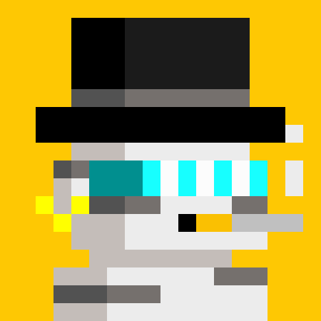 A low-resolution pixel art image showing a character with a black top hat against a yellow background.
