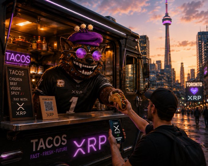 An anthropomorphic wolf character in a purple hat and sunglasses serves tacos from a food truck labeled 'TACOS FAST FRESH FUTURE' and 'XRP', while a customer pays with a phone displaying the XRP logo against a Toronto skyline.