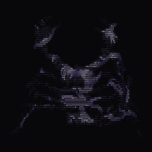 A dark, pixelated image showing a symmetrical arrangement of purple and white lights resembling a face or abstract digital pattern against a black background.