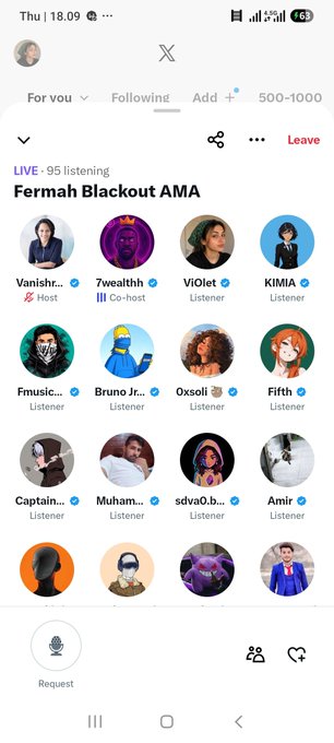 A mobile screenshot of an X (Twitter) Spaces audio room titled 'Fermah Blackout AMA', live with 95 listening and 500-1000 listeners, featuring hosts Vanishr and 7wealth, and co-hosts/ listeners including ViOlet, KIMIA, Fmusic, Bruno Jr., Oxsoli, Fifth, Captain, Muham, sdv0.b..., and Amir.
