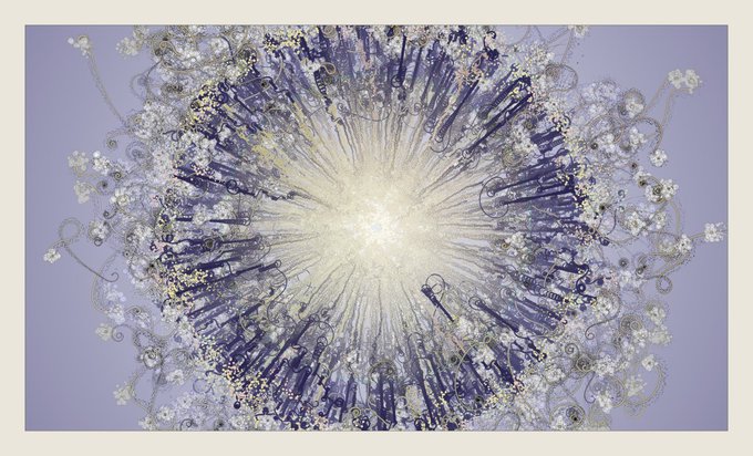 An intricate circular artwork featuring a radiant burst of light at the center, surrounded by swirling filigree patterns and floral motifs in shades of blue, white, and purple.