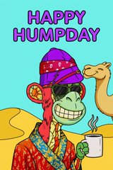 A cartoon graphic of a smiling monkey wearing a purple beanie and sunglasses, holding a coffee mug, with the text 'HAPPY HUMPDAY' displayed at the top.