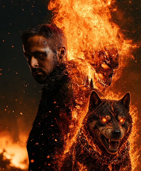 A dark, cinematic artwork features a bearded man standing beside a fierce wolf with glowing eyes, both surrounded by intense flames and a flaming skull in the background.