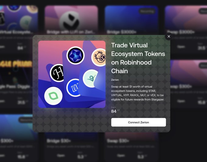 A popup overlay promotes trading Virtual Ecosystem Tokens on Robinhood Chain via Zerion, highlighting rewards eligibility from Stargazer with $84 worth of XP and a "Connect Zerion" button. The popup relates to the post by announcing the final day to participate in the AI Alpha Summer rewards program on Robinhood Chain through Virtuals and Stargazer.